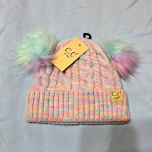 C.C Baby Multicolor Pastel Cable-Knit Knit Beanie Hat Faux Fur Pom Poms Logo